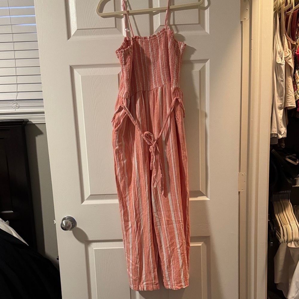 Loft Outlet Women’s Size L Pink and White Striped Jumpsuit with Belt and Pockets